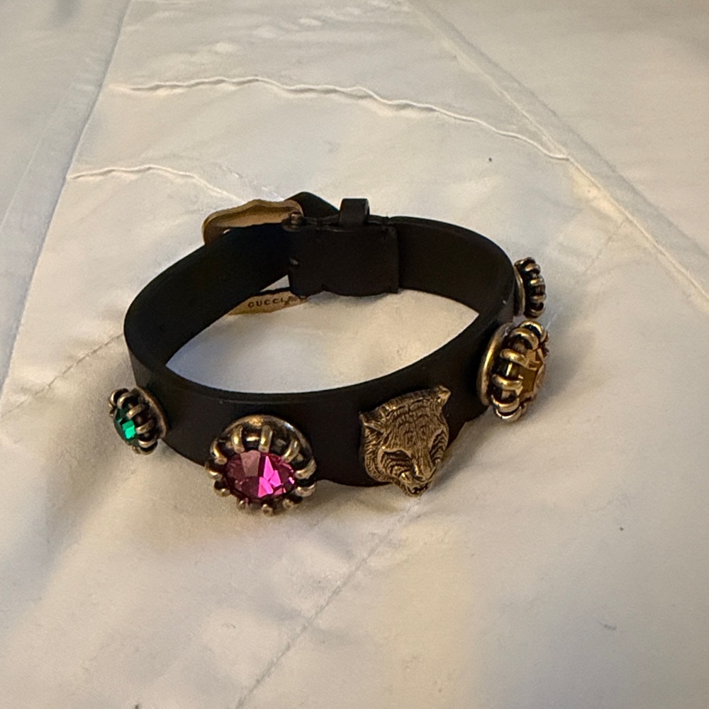 Gucci Calfskin Crystal Feline Heads Bracelet Black - Picture 7 of 8